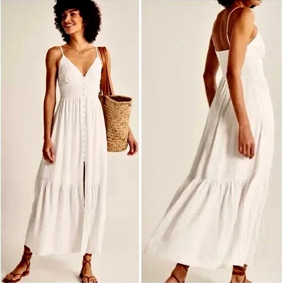 New Abercrombie & Fitch Fully Lined Pure White Tiered Midi Sundress XXS - Picture 1 of 11